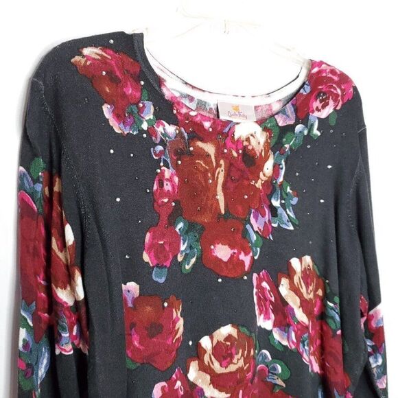 Quacker Factory Floral Sweater M Lightweight Pullover Embellished Gray Red Pink - Picture 1 of 5